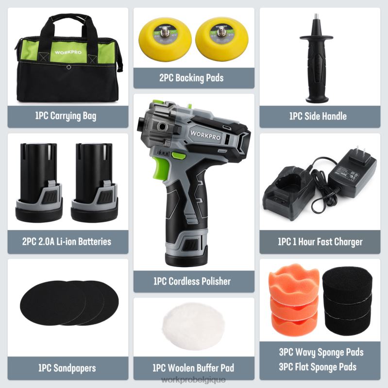 WORKPROPolisseuse sans fil 12 V, mini tampon de détail de voiture et kit de ponceuse avec 2 batteries Li-ion N4DL229 outil