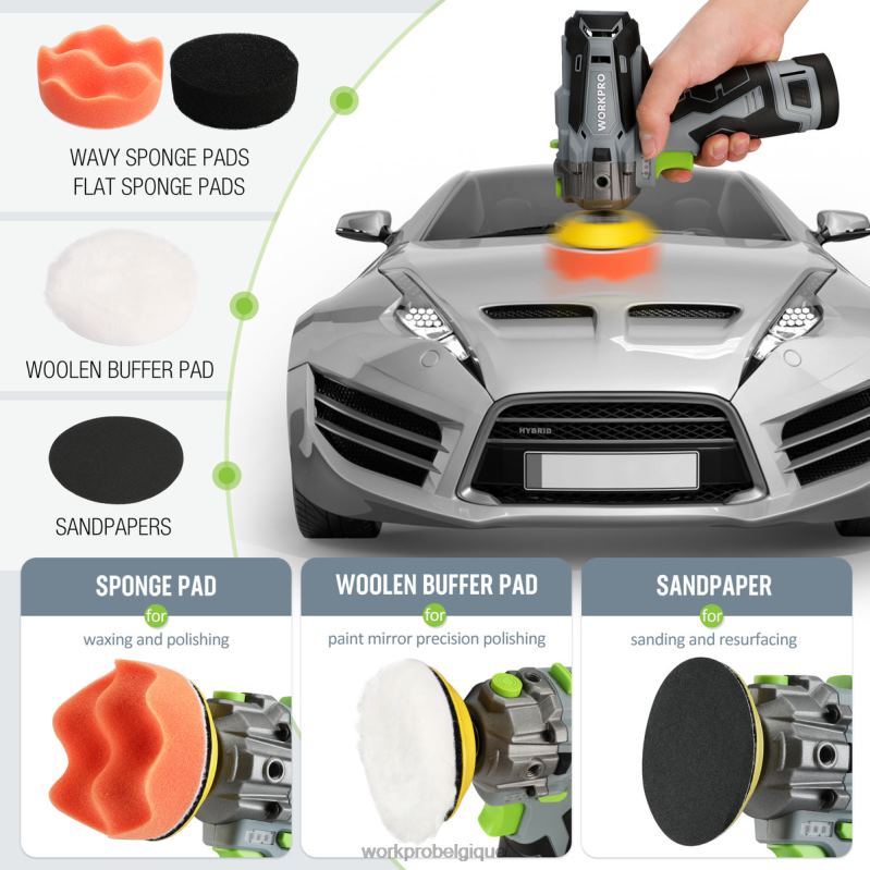 WORKPROPolisseuse sans fil 12 V, mini tampon de détail de voiture et kit de ponceuse avec 2 batteries Li-ion N4DL229 outil
