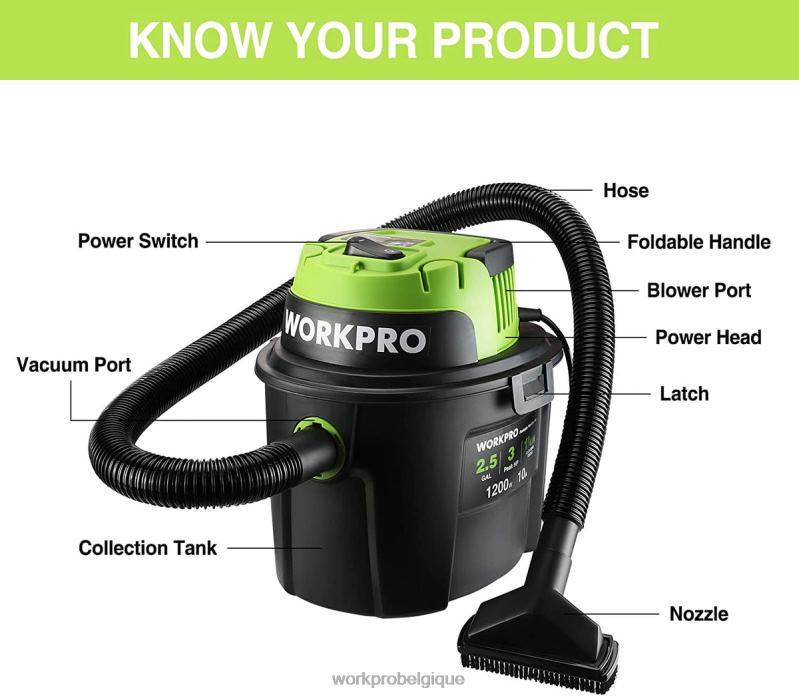 WORKPROAspirateur humide/sec 2,5 gallons 3 chevaux de pointe, aspirateur d'atelier portable pour la maison N4DL216 outil