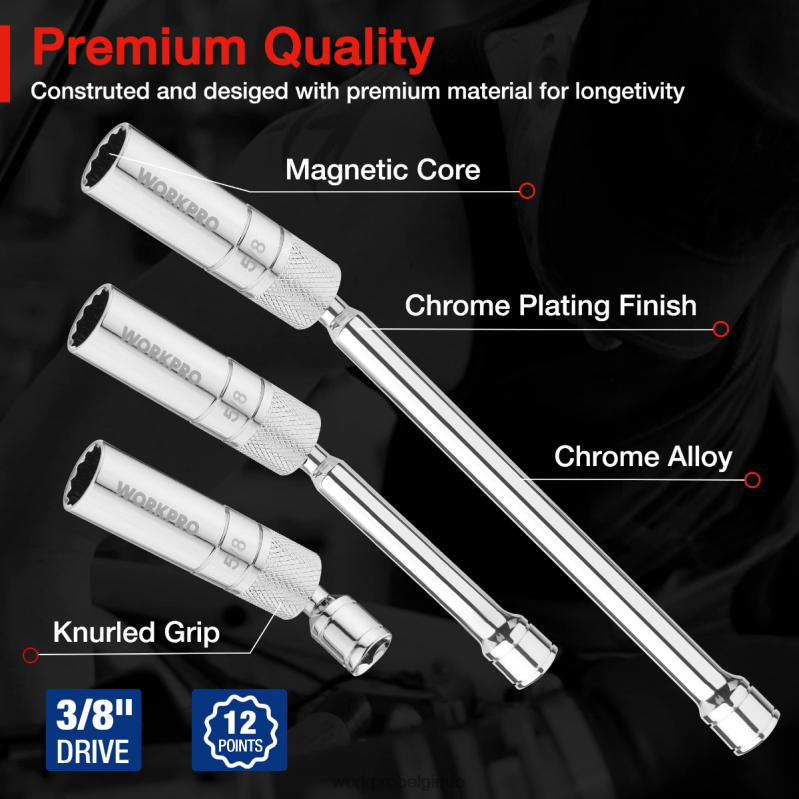 WORKPRO6 pièces-9/16 pouces, 5/8 pouces, 13/16 pouces, 14 mm de douilles murales minces avec extensions de 4, 6, 11 pouces, jeu de douilles de bougie d'allumage pivotantes magnétiques N4DL139 outil