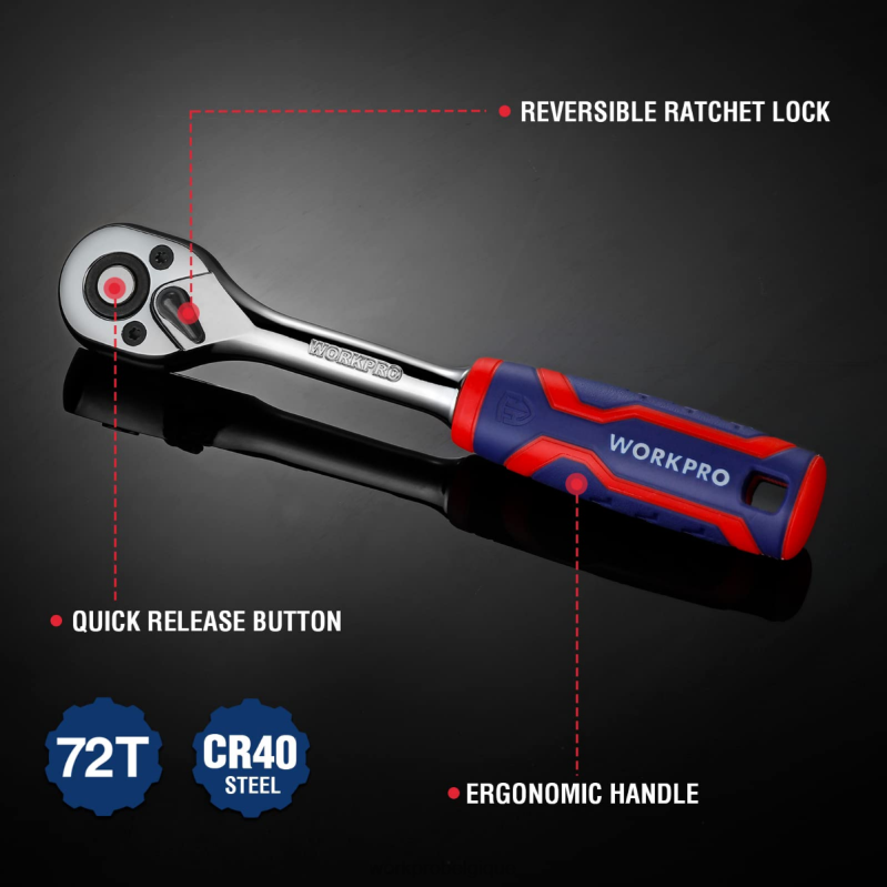 WORKPROJeu de 3 cliquets, clé à douille réversible à dégagement rapide, 72 dents, 40cr, en acier N4DL91 outil