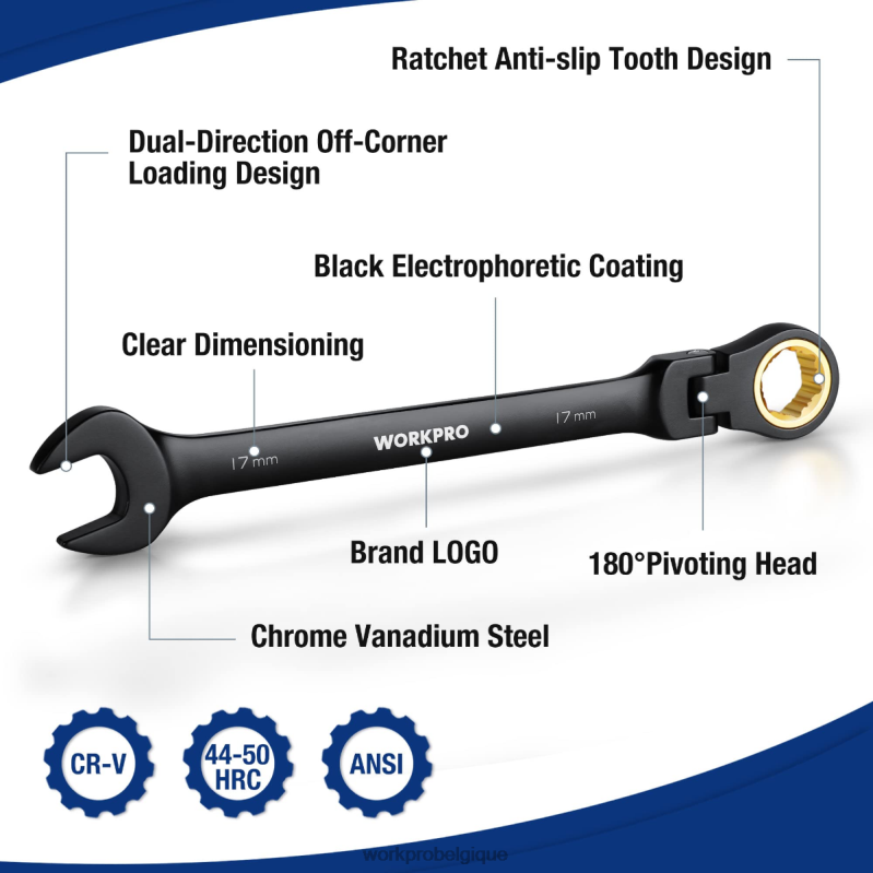 WORKPROJeu de 8 clés mixtes à cliquet antidérapantes à tête flexible N4DL80 outil