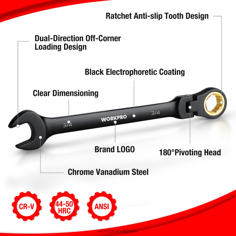 WORKPROJeu de 8 clés mixtes à cliquet antidérapantes à tête flexible N4DL80 outil