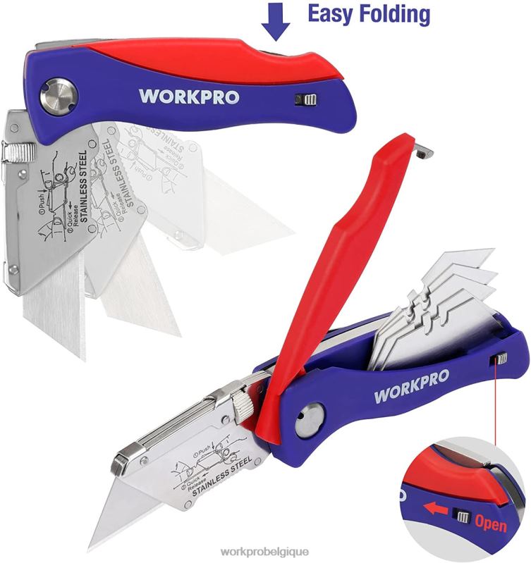 WORKPROcouteau utilitaire pliant avec verrouillage arrière coupe-boîte à changement rapide avec clip ceinture N4DL46 outil