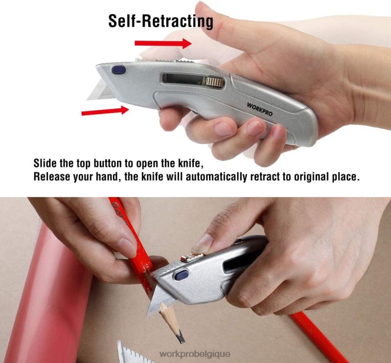 WORKPROcouteau utilitaire rétractable et coffre de sécurité auto-rétractable avec 2 lames supplémentaires incluses N4DL41 outil