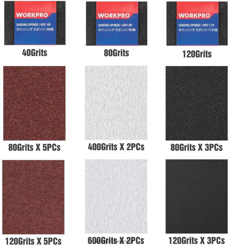 WORKPRO24 paquets de papier de verre grain 80-600 assortis avec support N4DL150 outil