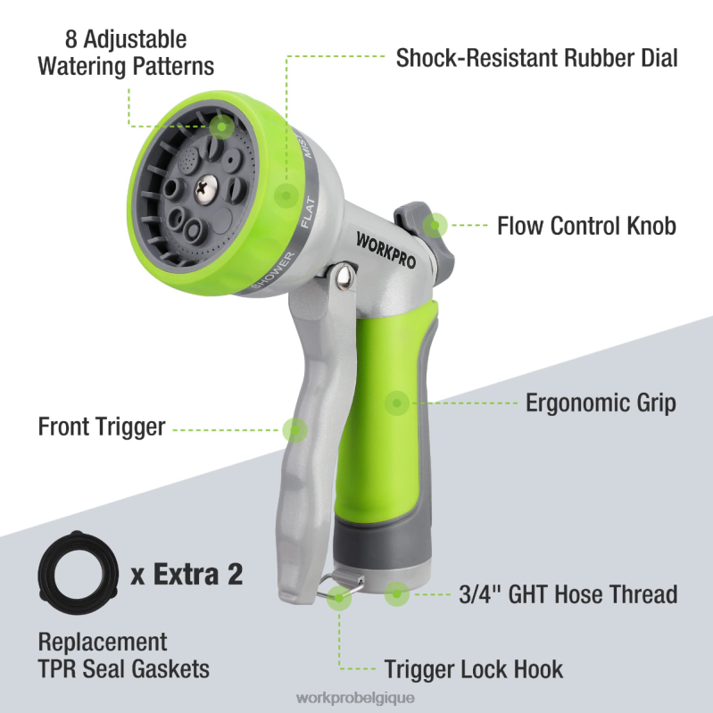 WORKPROPulvérisateur de buse de tuyau d'eau haute pression de jardin avec 8 modèles d'arrosage réglables et conception de commande au pouce N4DL288 outil