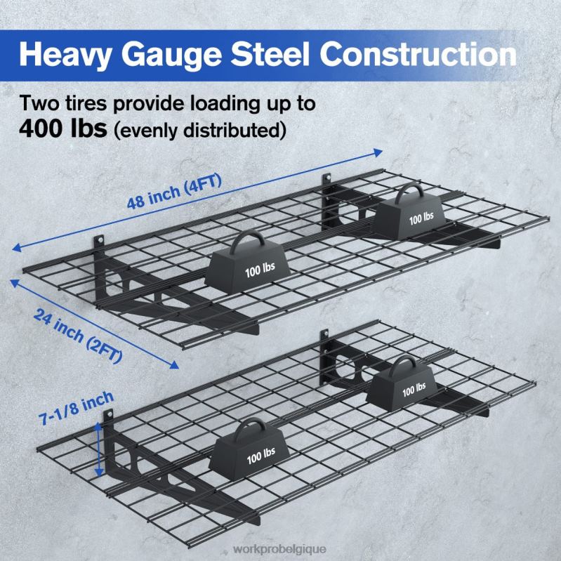 WORKPROPaquet de 2 étagères murales de garage robustes de 2 x 4 pieds, capacité de charge de 400 lb (total) N4DL14 stockage