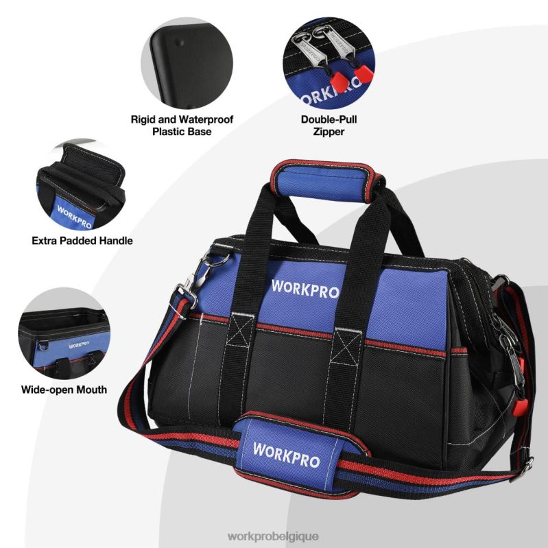 WORKPROSac à outils à large bouche de 16 pouces, sac de rangement d'outils en tissu robuste avec base moulée étanche, bandoulière réglable N4DL24 stockage