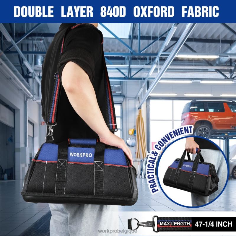 WORKPROSac à outils à large bouche de 16 pouces, sac de rangement d'outils en tissu robuste avec base moulée étanche, bandoulière réglable N4DL24 stockage