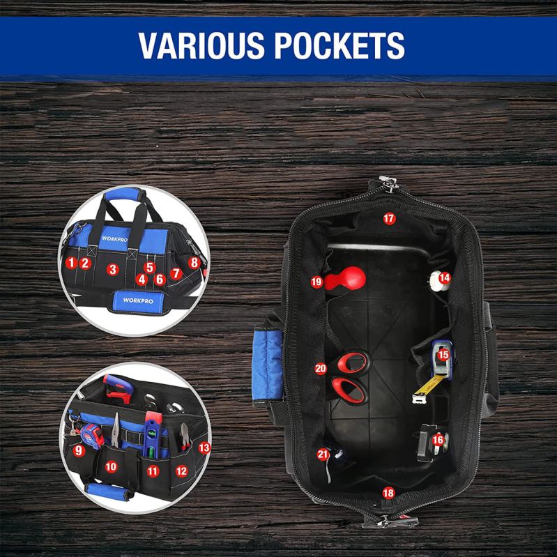 WORKPROSac à outils à ouverture large de 16 pouces avec base moulée étanche N4DL34 stockage