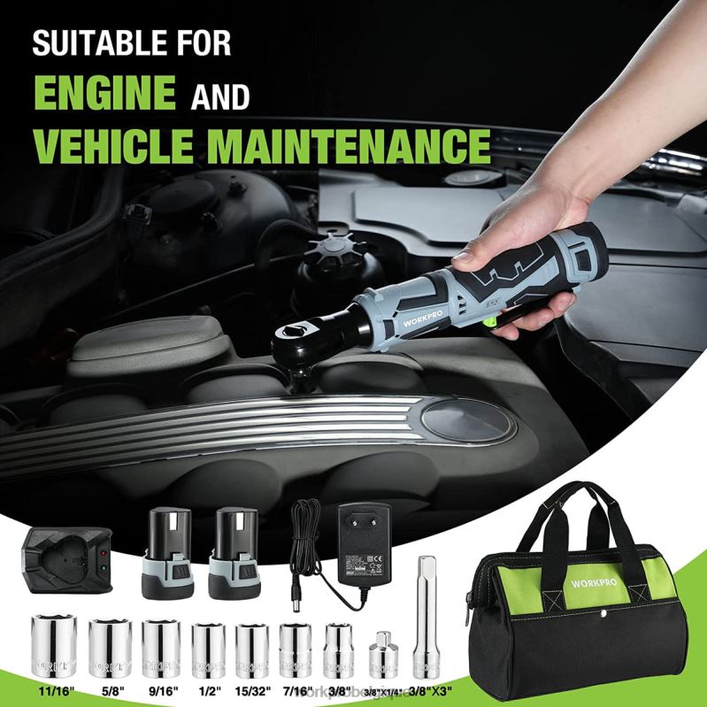 WORKPROClé à cliquet électrique sans fil, clé à cliquet électrique 12v 40 pi-lb, ensemble de 9 pièces N4DL227 outil